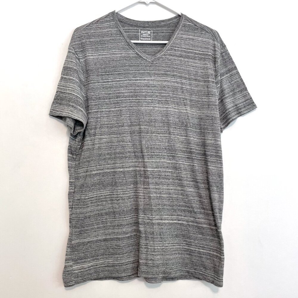 APT. 9 Mens Marled Gray White Striped V-Neck Short Sleeve Cotton Tee T-Shirt M